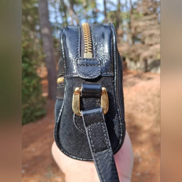 Gucci Black Suede Patent Leather Web Mini Ophidia Shoulder Crossbody Bag